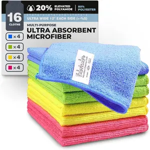 Turkish Microfiber Cleaning Cloth of 4 Colors | 20% Polyamide for Elevated Liquid Suction |  Have Drying  for Kitchen and  Accessories | Rags with Reinforced Edges, Pack of 16