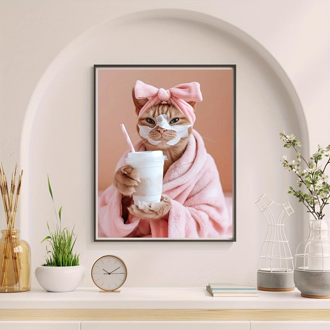 Funny Cat Spa Day Wall Art Set - 1pc Major Material: Other - Playful Cat with Milk Tea Face Mask Canvas Print, Unique Gift for Pet Lovers, Vet Clinic Decor, Humorous Bathroom Artwork, Creative Home Bedroom Kitchen Living Room Cafe Office Toilet Wall Decor