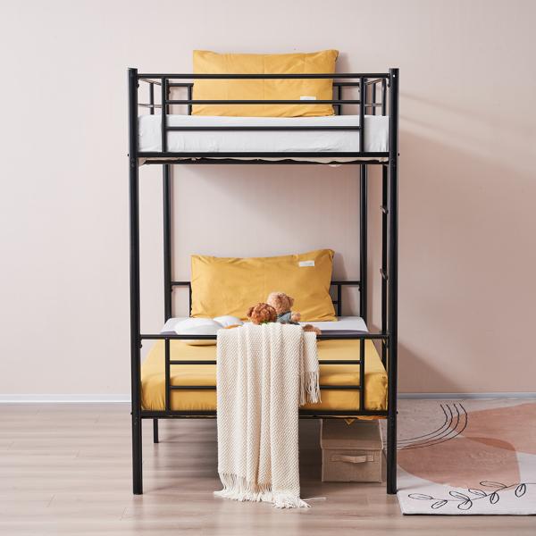 Iron Bed Bunk Bed with Ladder for All Ages Twin Size Black Bedroom Bedframe with 33.5cm Fence & 26.5cm Storage Space Modern Design