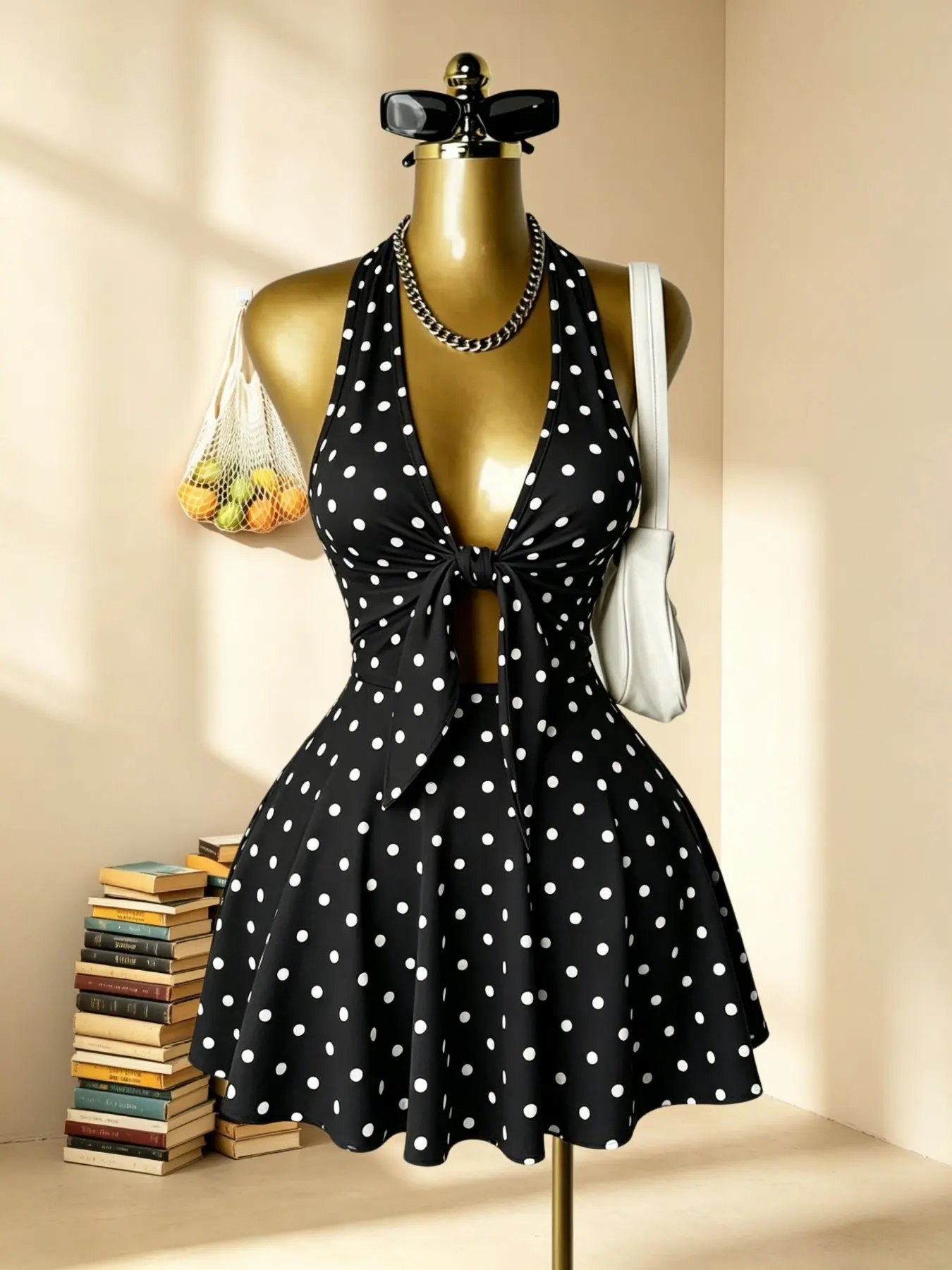 Y2K Lightweight Sexy Halter Mini Dress for Women, Deep V Front Tie Hollow Out Design, Sleeveless Backless Short Skirt, Fashion Casual Home Wear