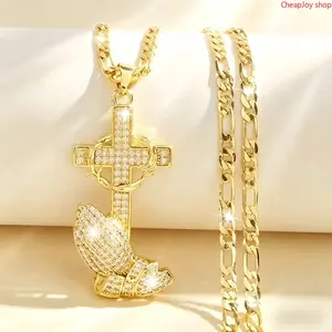 2026 14K Gold Plated Boho Style Pendant Necklace with Cross & Prayer Hand Design - Sparkling Zirconia, Elegant Religious Jewelry for Weddings, Parties, and Special Occasions, Festive Accessory|Bohoinspired Design|Durable Chain, Christian Jewelry