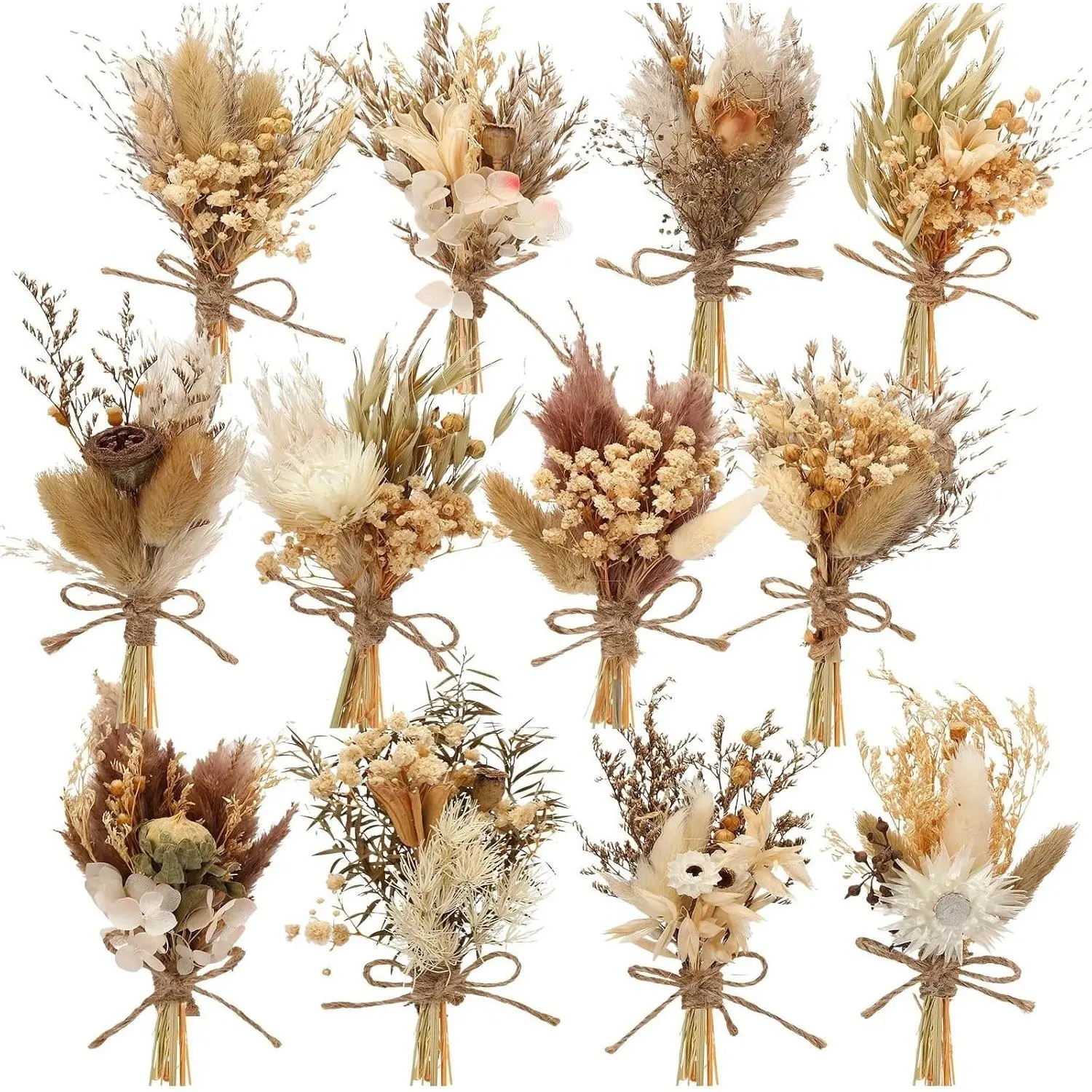12 Pcs Mini Dried Flower Bouquet Boho Rustic Wedding Boutonniere Bridesmaid Gifts, Handmade Dry Flowers Decor, Bulk Dried Flowers for Vase, DIY Crafts Home DecorGift