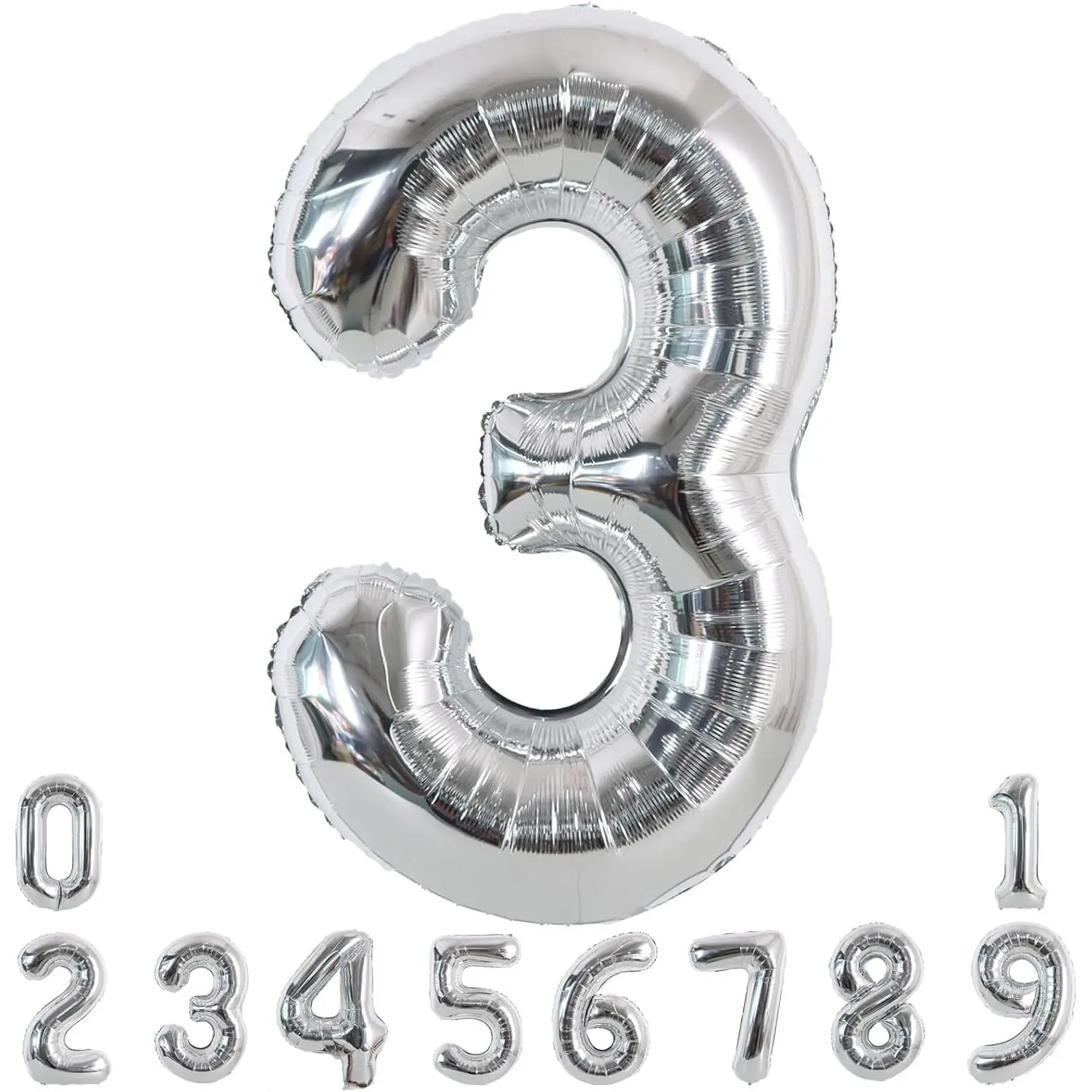 40 Inch Silver Large Numbers Balloons 0-9, Number 3 Digital 3 Helium Foil Mylar Big Number Balloons for 2026 Graduation New Year Eve Birthday Party Anniversary Supplies Decorations