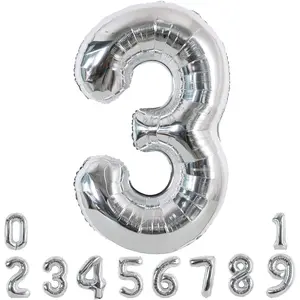 40 Inch Silver Large Numbers Balloons 0-9, Number 3 Digital 3 Helium Foil Mylar Big Number Balloons for 2026 Graduation New Year Eve Birthday Party Anniversary Supplies Decorations
