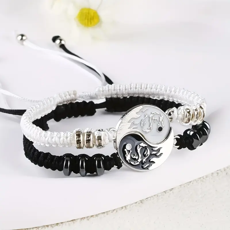2-Piece Tribal Style Dragon Pattern Tai Chi Yin and Yang Bracelet Set - Adjustable Hand-woven Black and White Friendship Bracelet, Synthetic Rhinestones, Zinc Alloy, Religious Symbols, December Birthstone, Perfect for Daily Wear and Valentine's Day Gifts
