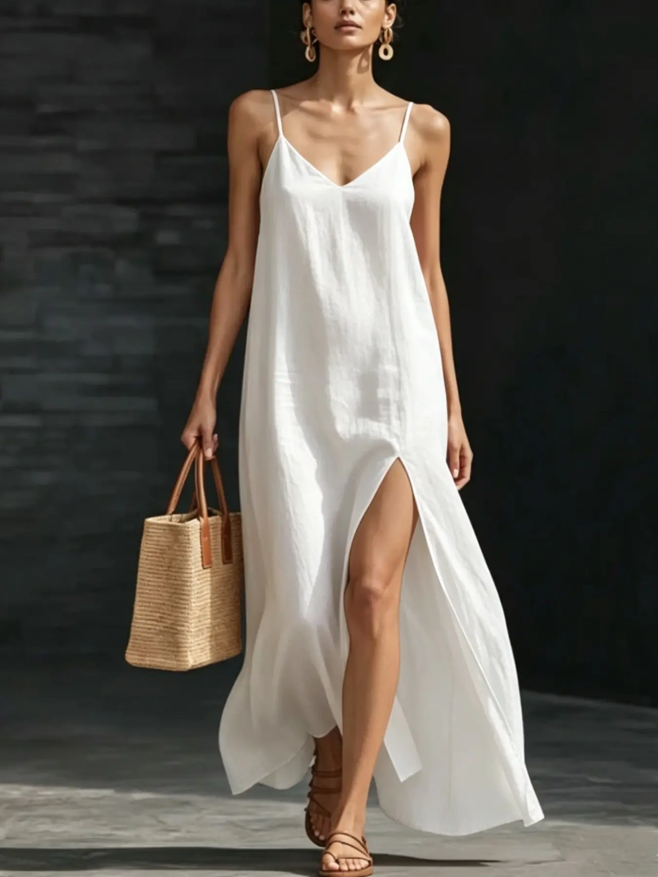 2026 European and American Vacation Style V-Neck Thin Straps Side Split Long Dress, Solid Color Sexy Beach Long Dress, Trendy Atmosphere Dress