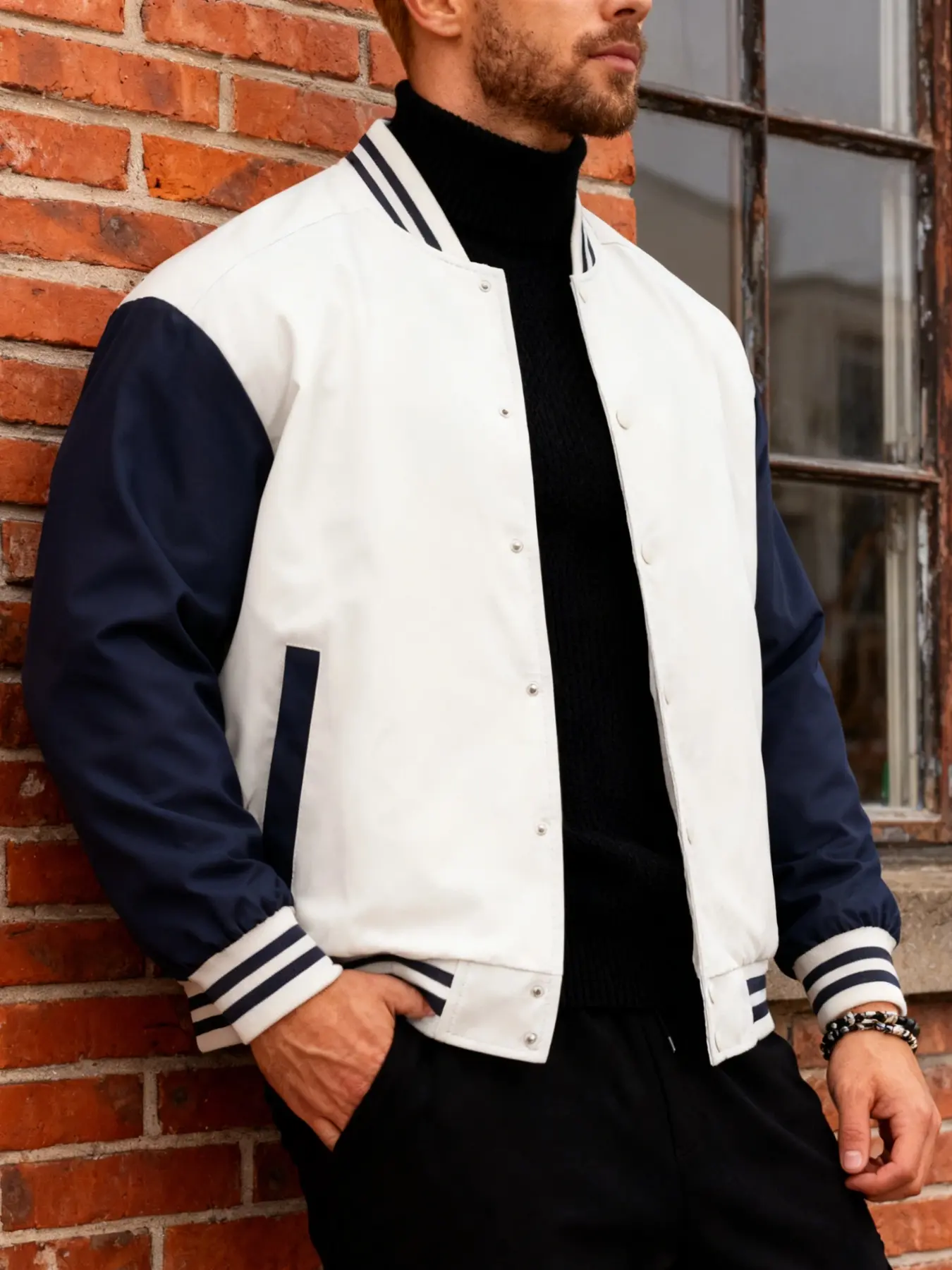 Men's Casual Baseball Collar Jacket, Button Front with Snap Closure, College Style, Versatile Sportswear, Polyester, Spring Fall