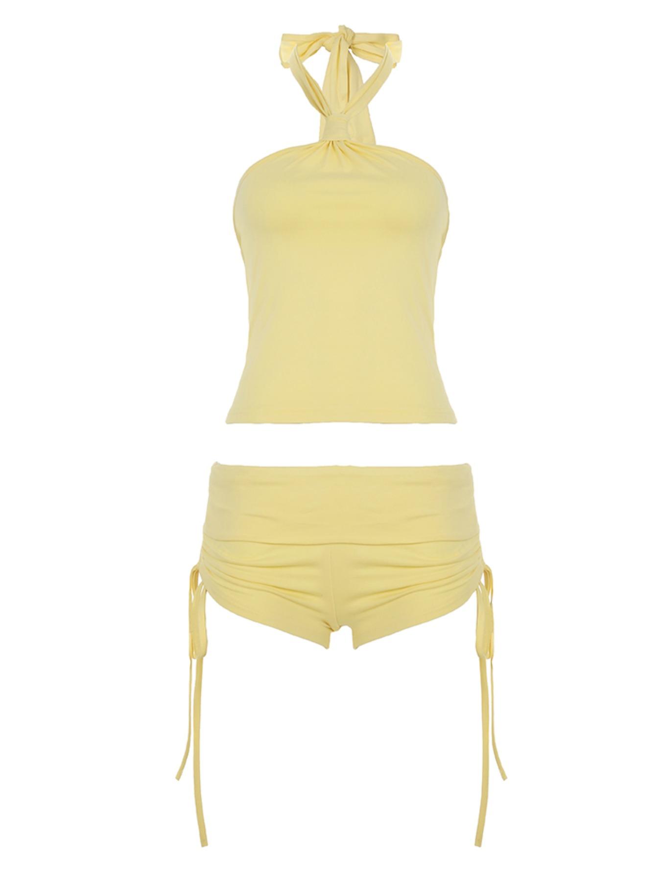 Two-piece Set Women's Solid Halter Neck Sleeveless Crop Top & Shorts, Casual Fashion Cozy Clothing Set for Daily Outdoor Wear, Ladies Summer Clothes