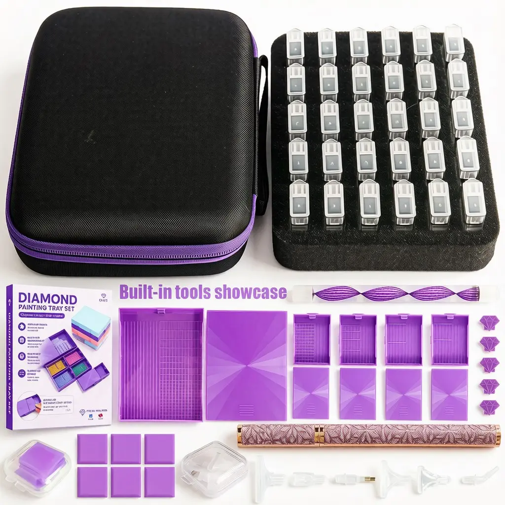 Diamond Painting Tool Kit 30-Slot Storage Box + Dotting Pen + Refill Bottles DIY Craft Making Kit Adult Stress Relief Art Creation Accessories Portable EVA Zipper Case 5D Crystal Sticker Painting Full Set Supplies