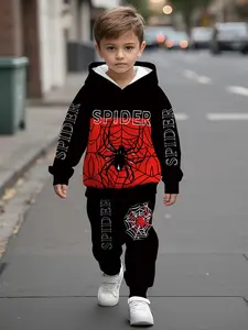 Baby Boys' Casual Hooded Sweatshirt Set with Digital Print of Red Spider Web on Black Chest; comfortable casual outfit suitable for daily wear and outdoor trips, a trendy and versatile gift for little boys
