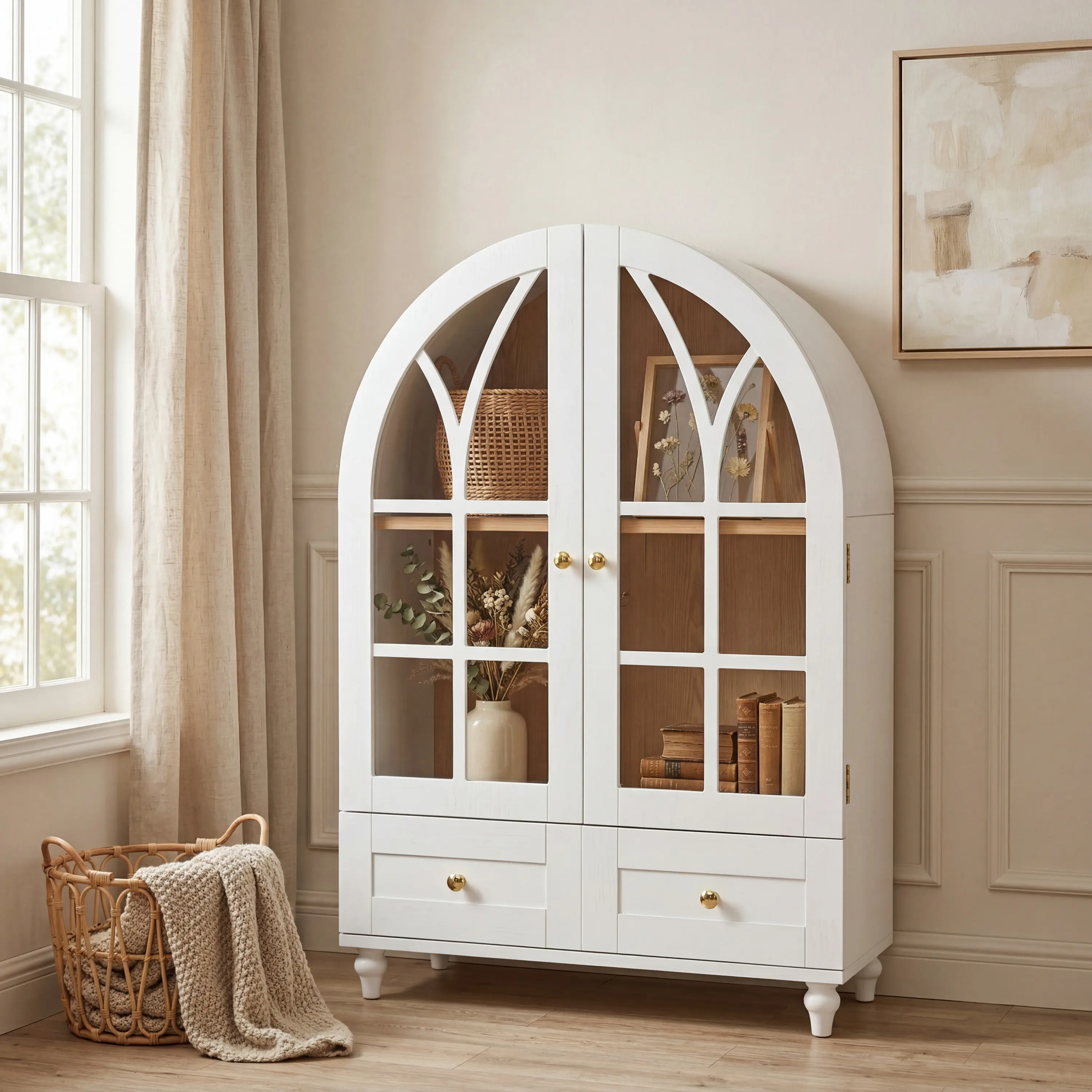 ARCH Arched Display Cabinet with Tempered Glass Doors, White MDF Wood Storage Cabinet with Natural Wood Grain Finish, Solid Wood Legs Accent Cabinet with Drawer, for Living Room Dining Room Office, 26Wx14.57Dx36.6H, White Color Options
