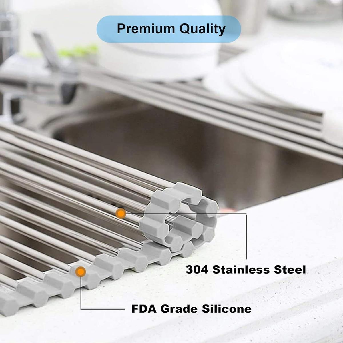 Stainless Steel Foldable Dish Drying Rack, 1 Count Roll Up Dish Drying Rack, Over The Sink Dish Drainer, Kitchen Counter Storage Rack