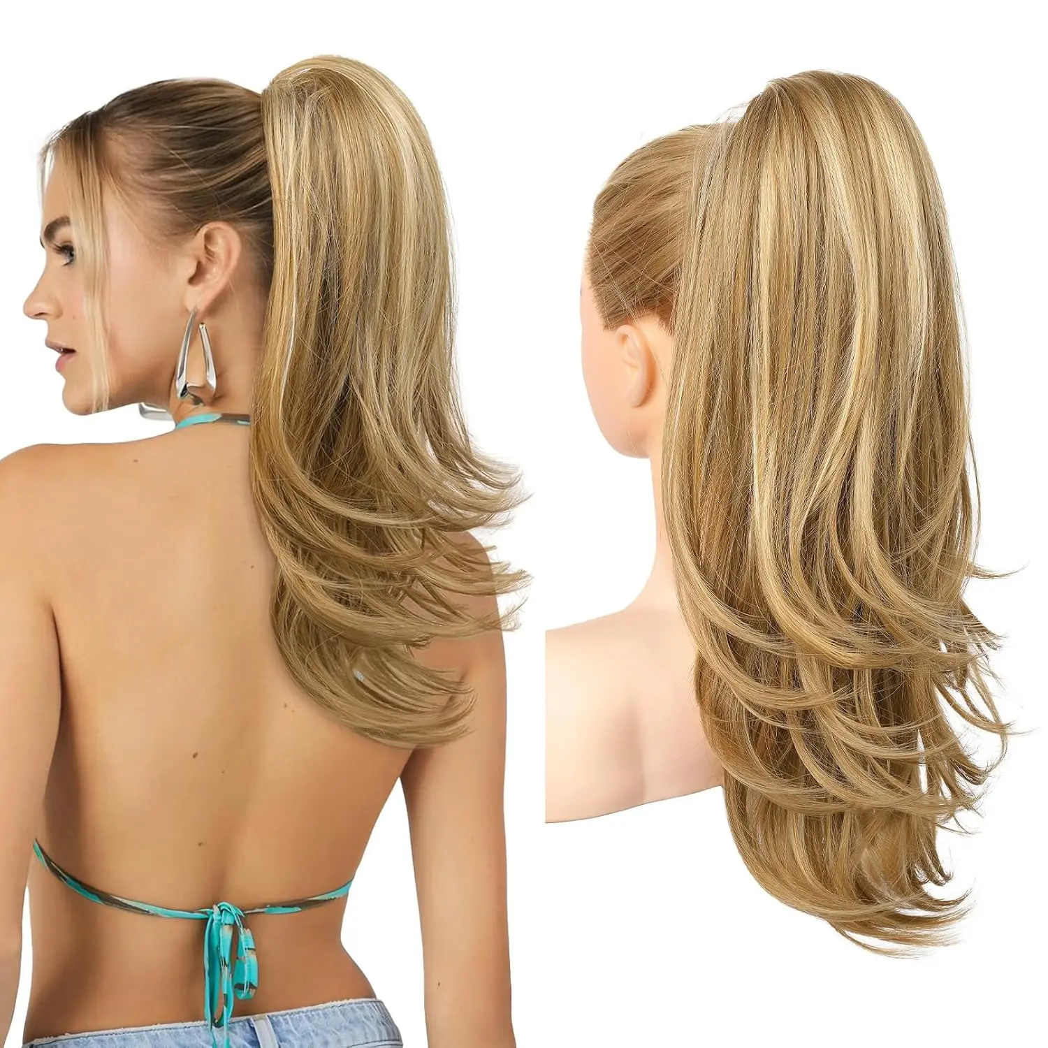 Ponytail Extension for Women, 20 Inch Drawstring Ponytail Hair Extension for Women, Soft  Looking Synthetic Pony Tails Hairpiece (Blonde with Highlights)