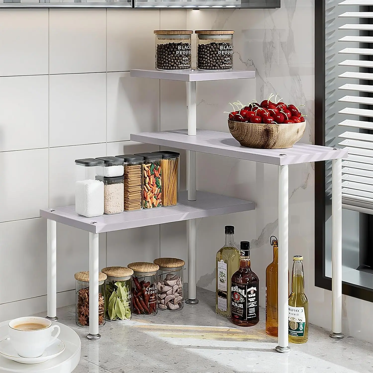 Modern Compact Synthetic 3-Tier Adjustable Countertop Corner Shelf - Easy Assembly Countertop Storage for Kitchen, Bathroom, Over Sink, Kitchen Use, Single Unit
