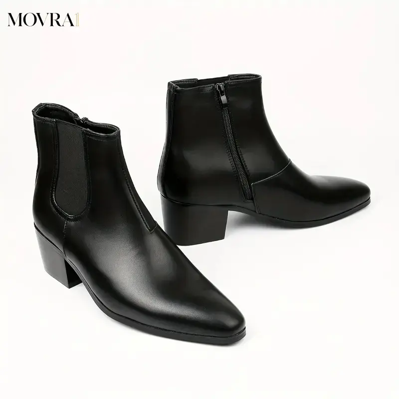 MOVRA1 Men'S Stylish Black Ankle Boots with Chunky Heel - Glossy Finish, Zipper Closure, Faux Cover, Perfect Casual or Formal Wear, Formal Footwear |   Chunky Heel Boots |   Zipper Closure Boots Boy Walking Shoes