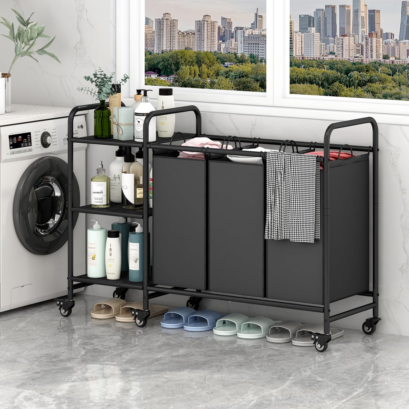 3-Bag Laundry Sorting Trolley with Storage Rack 3-Section Laundry Basket Sorter with 3-Tier Storage Rack with Lockable Rolling Wheels Laundry Separation Basket with Removable Bag for Dirty Clothes Deals For You Days