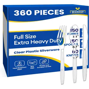Extra Heavy Duty 360 Count Plastic Silverware Set - Heat Resistant BPA Free Disposable Cutlery 150 Forks 150 Spoons 60 Knives Clear Premium Utensils for Parties & Events