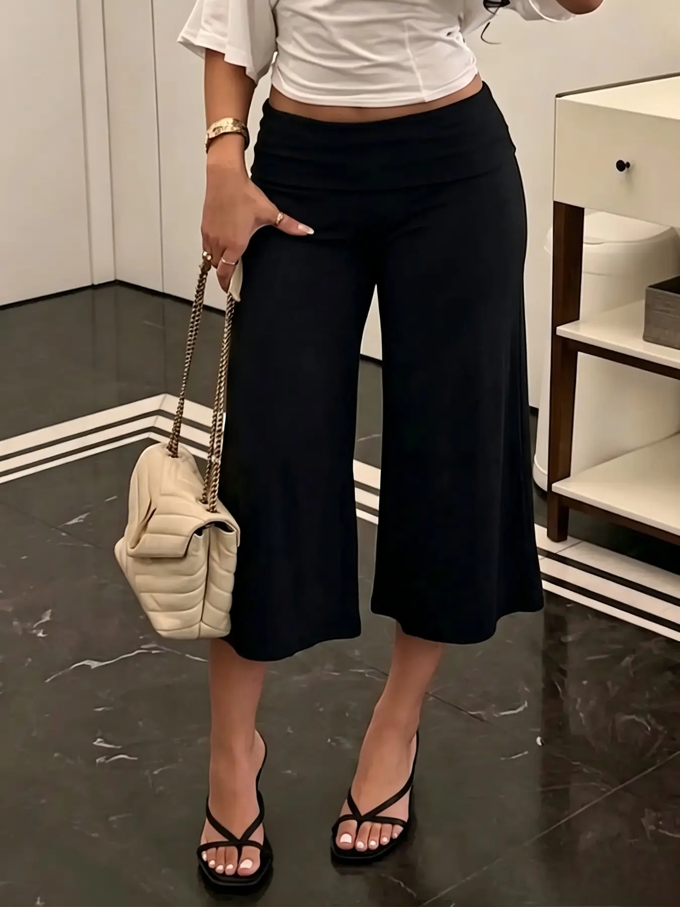 New Summer Autumn Style Soft High Elastic Knit Capri Pants, Wide Leg, Drop Waist, Solid Color, Casual Daily Wear