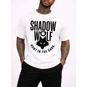 180gMen's Graphic T-Shirt,Fashion Heavyweight With Shadow Wolf Dark Hunter Tee Clothes,White Durable For Outdoor Activities