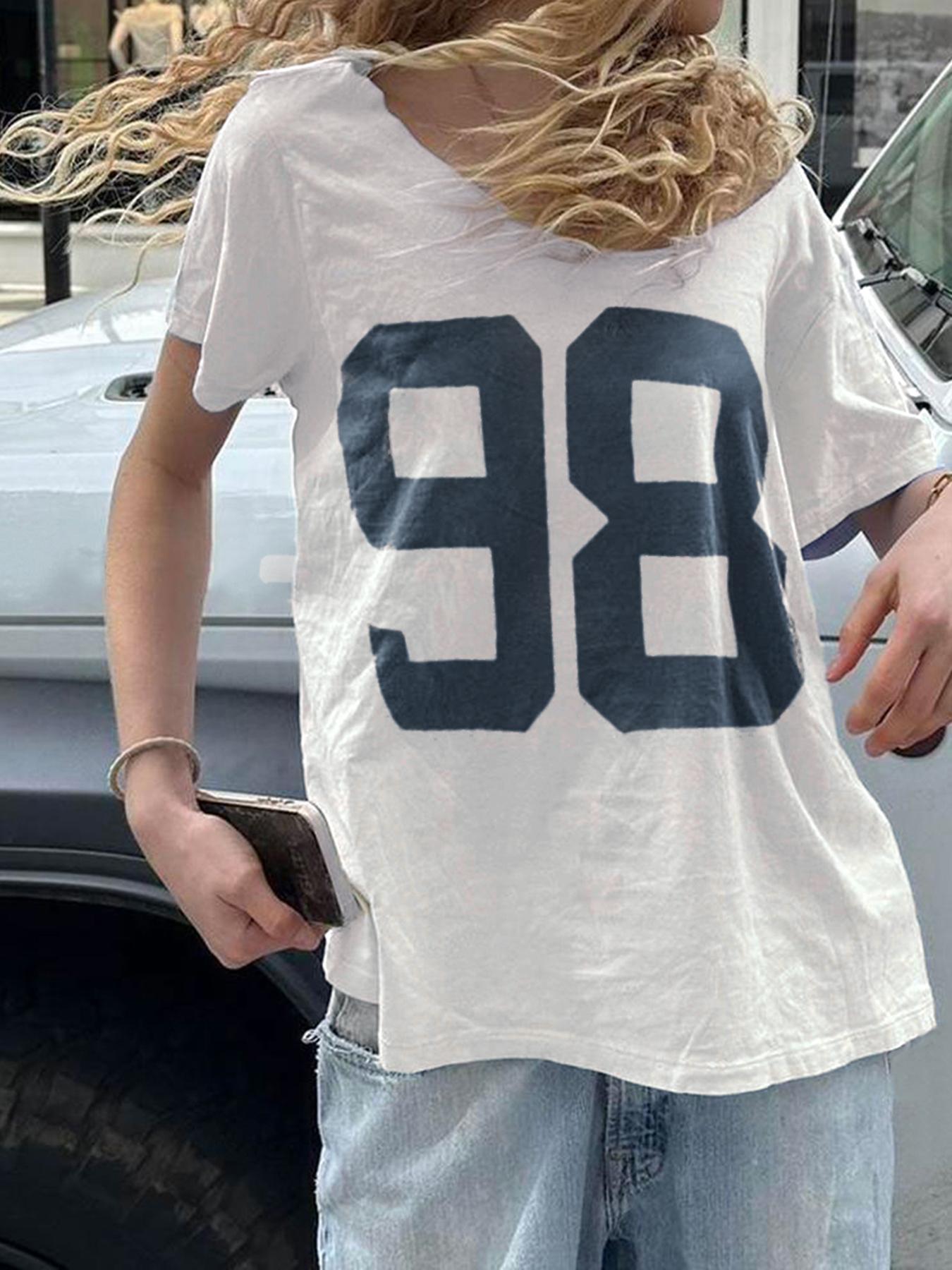 Women's Number "98" Print Drop Shoulder Tee, Casual Fit Brandy Melville Short Sleeve Round Neck T-shirt for Summer, Fashion Women's Top for Daily Wear 90s Streetwear Clothes, Graphic Tees Women, Clothing, Womenswear