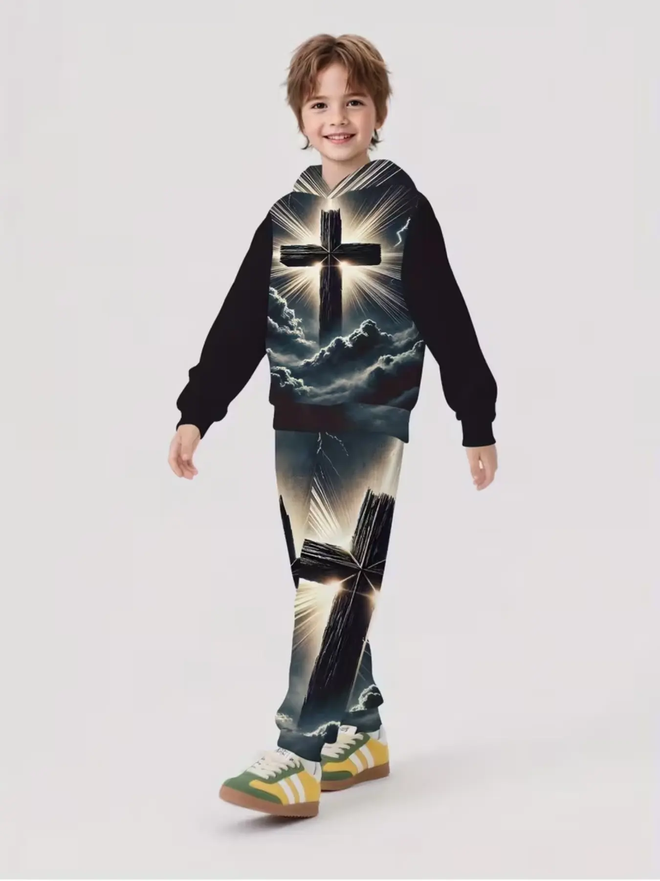 Saint Light Cross Boy Set 2 Pieces, 3D Printed Hoodie with Long Pants, Fashion Casual Kids Clothing, Perfect for Outdoor Activities