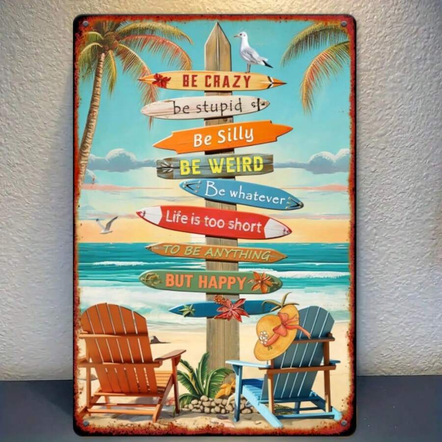 Retro Beach Surfboard Metal Tin Sign - Vintage 8x12 Inch Wall Art with Inspirational Quotes, Perfect for Cafe, Bar, or Beach House Decor