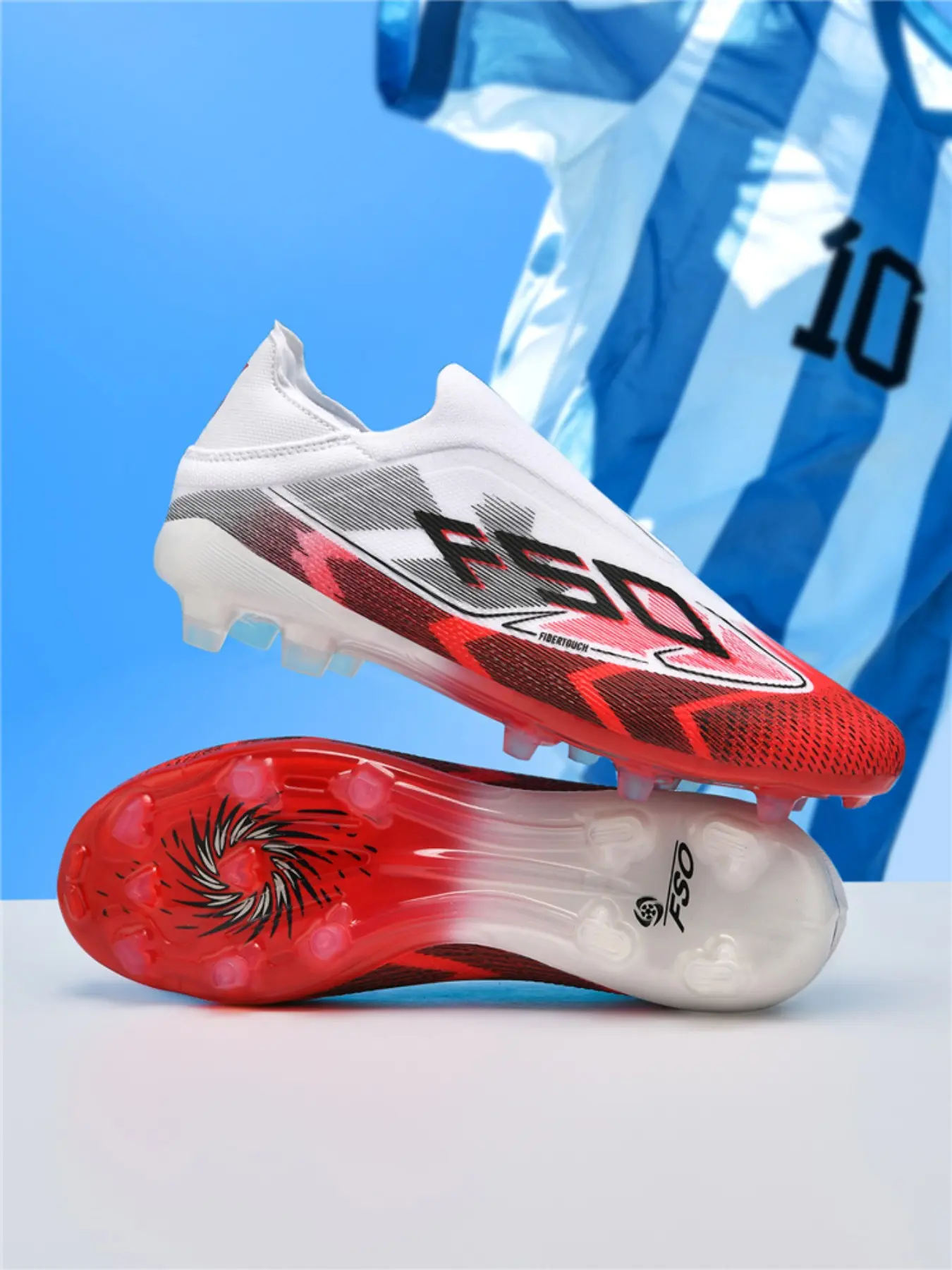 Unisex White-Blue Versatile Gradient Contrast Soccer Boots: Light Trendy Competitive Style, Laceless Design, Gradient Texture, Durable Sole. Ideal for soccer games/trendy styling/campus socializing