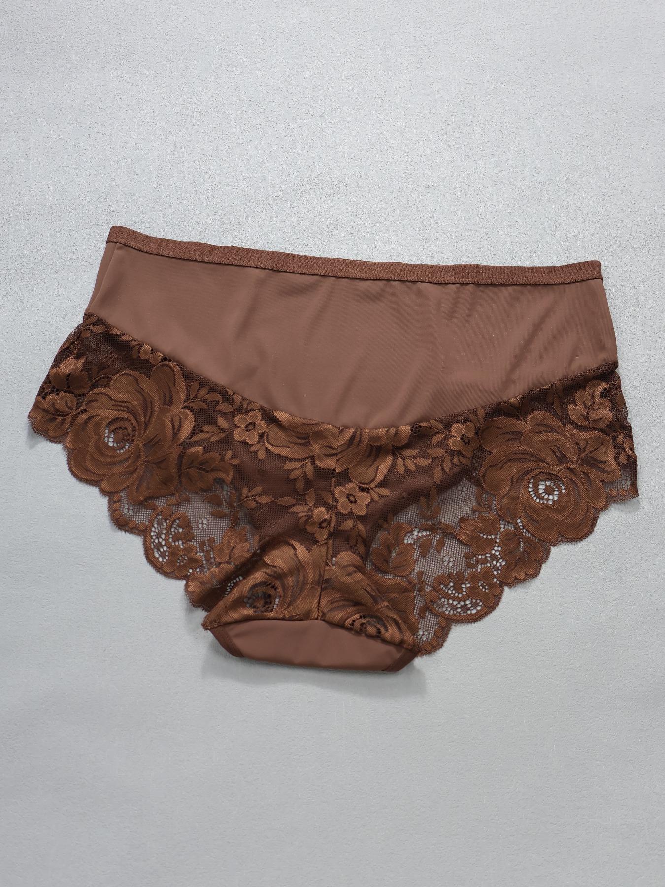 Plus Size Contrast Lace Brief, Breathable Comfortable Knicker for Daily Wear, Women's Underwear for All Seasons, Contrast Lace Panties