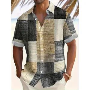 Men'S Vintage Geometric Pattern Short Sleeve Button Up Casual Shirt with Pocket, Fashion Top for Outdoor Activities Holiday As Gifts