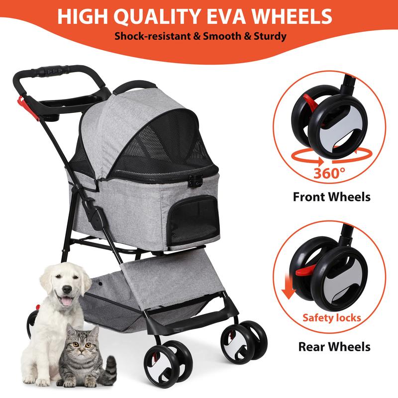 Pet Republic 4 Wheels 3-in-1 Foldable Pet Dog Stroller W/Detachable Carrier for Small Dog Cat W/Storage Basket & Cup Holder, Gray