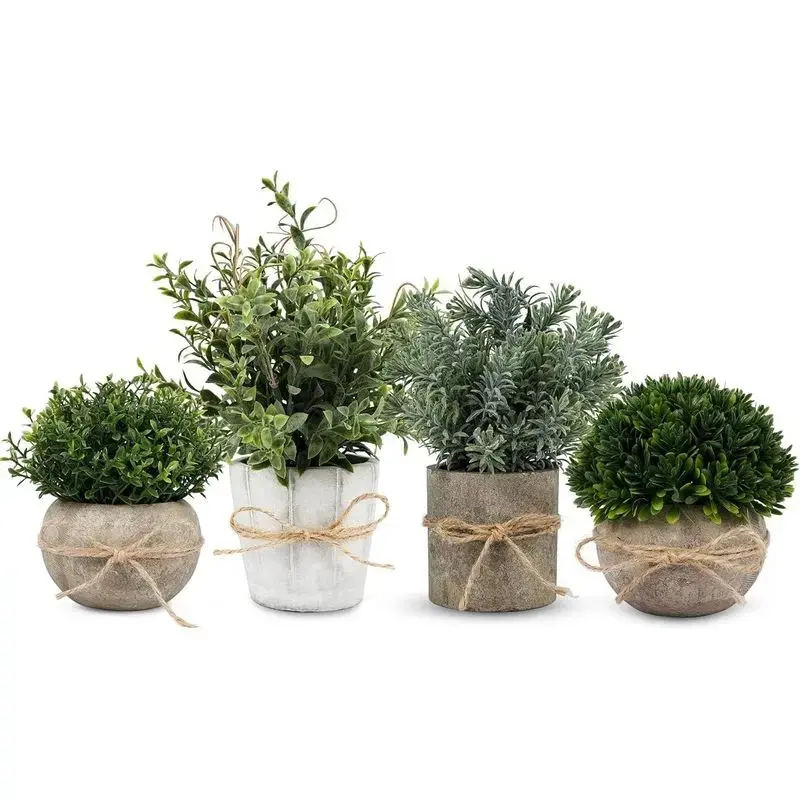 4-Pack Decorative Realistic Artificial Plants Set - 4 Styles in White Pulp Pots, Farmhouse Aesthetic Home Decor, Living Room Home Accessories, Easy to Clean, No Watering Office Stationery Accent