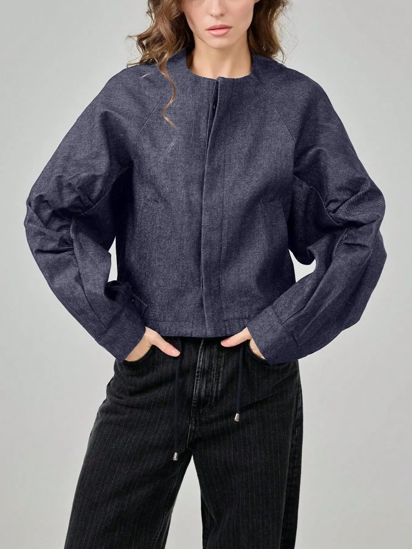 Women's Fashion Jean Puffer Pilot Jacket, Plain Color, Long Sleeve, Slim-Fit, Fall & Winter Outerwear, Casual Street Style