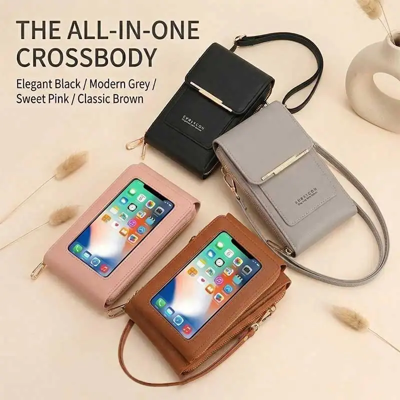 Touchscreen Sensitive Phone Bag with Multiple Colors, Use Phone Without Taking It Out, Clear Window Crossbody Purse with 3 Card Slots & Secure Dual Zipper Wallet