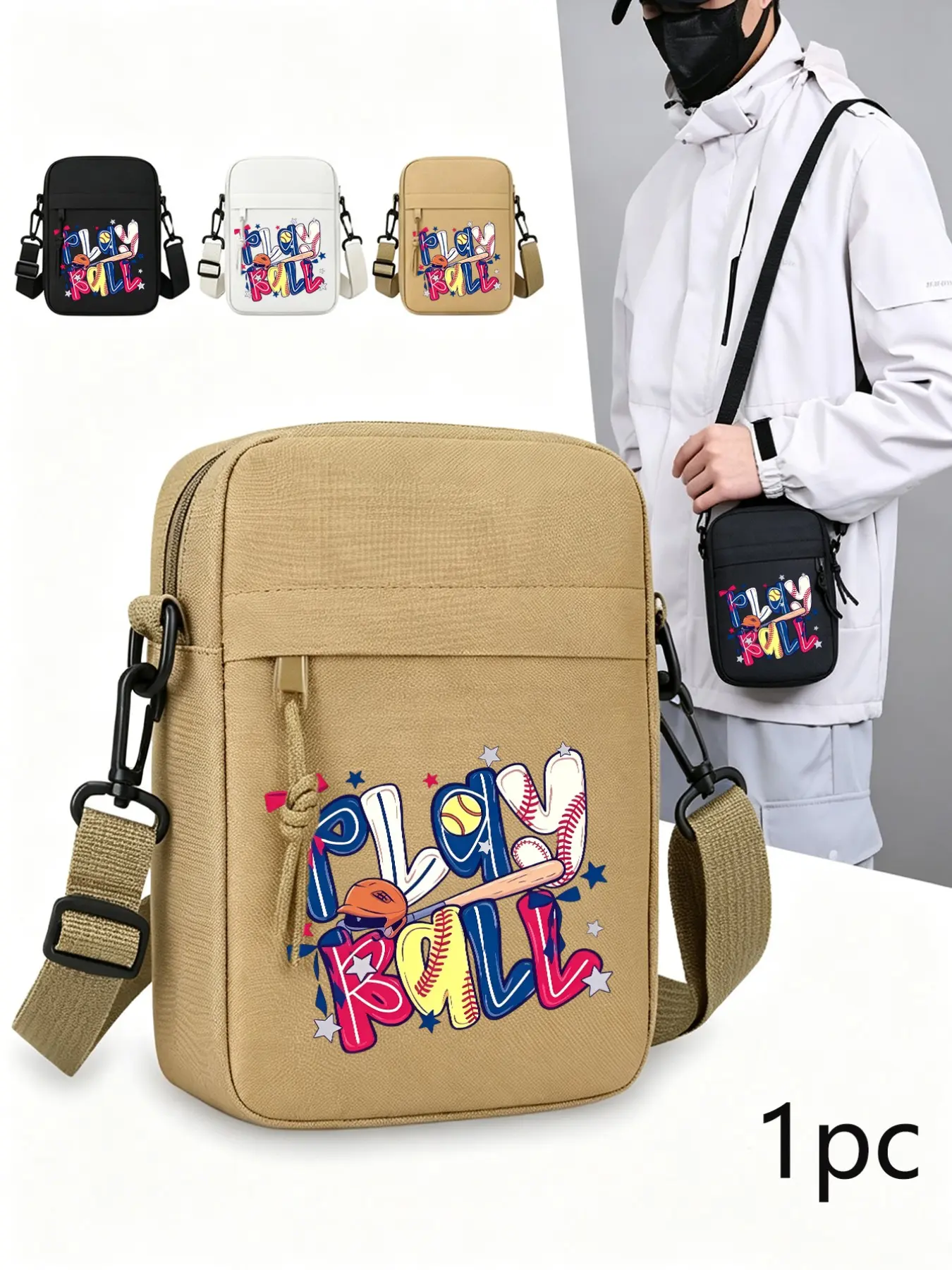 Play Ball Baseball Print Mini Crossbody Bag, Vintage Graffiti Sport Casual Small Backpack, Lightweight Oxford Fabric Shoulder Bag