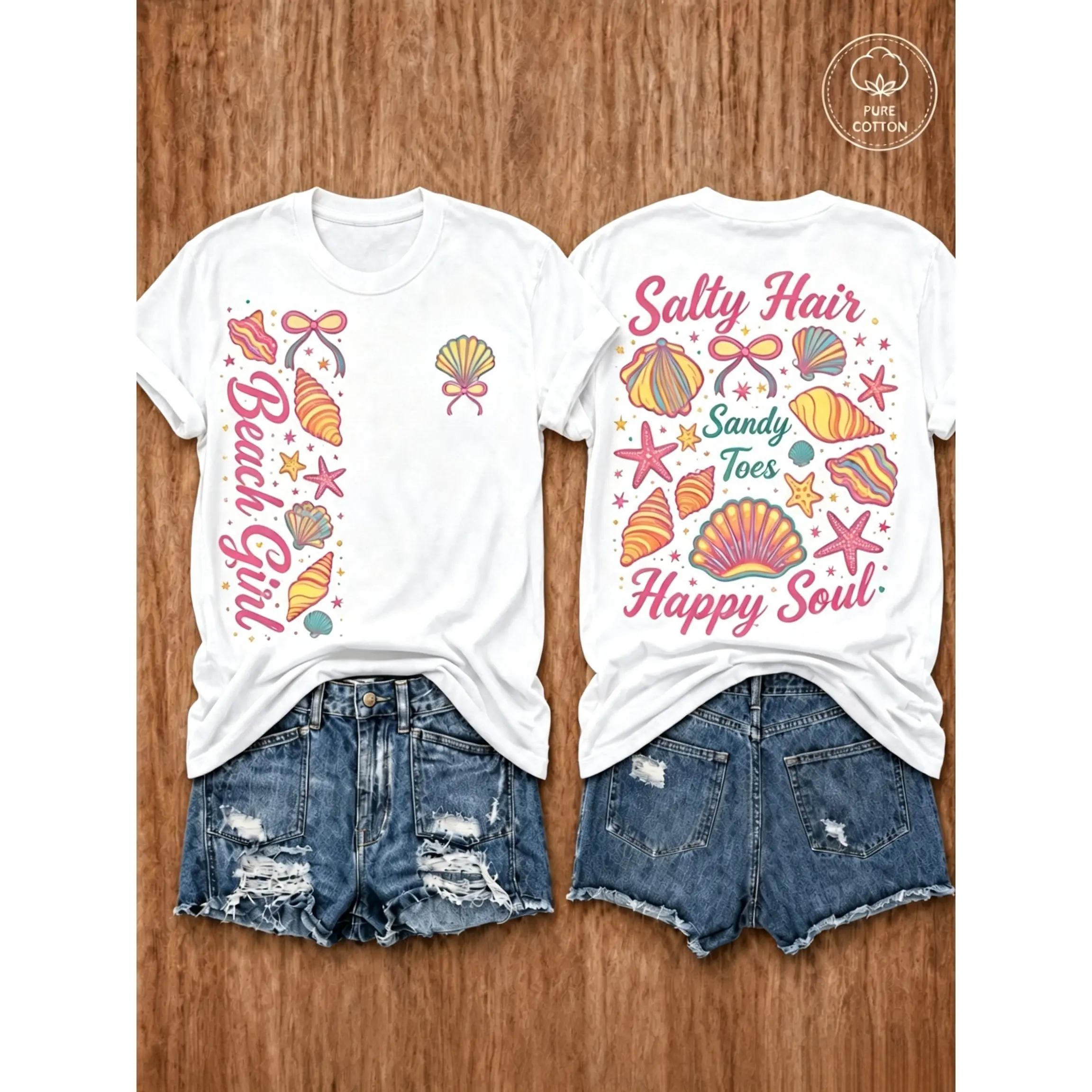 Women's Beach Vacation Graphic T-Shirt, Summer Crew Neck Short Sleeve Casual Holiday Tee,Front Vertical Beach Girl Seashell Letter & Mini Shell Chest Logo Back Salty Hair Sandy Toes Happy Soul Shell Graphic Tee,oversized tshirt women,summer graphic tees