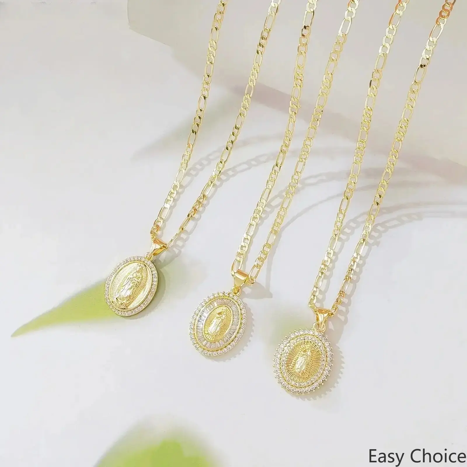 14K Gold Plated Virgin Mary Necklace for Women Men Our Lady of Guadalupe Pendant with CZ Diamonds Stainless Steel Figaro Chain Catholic Religious Jewelry