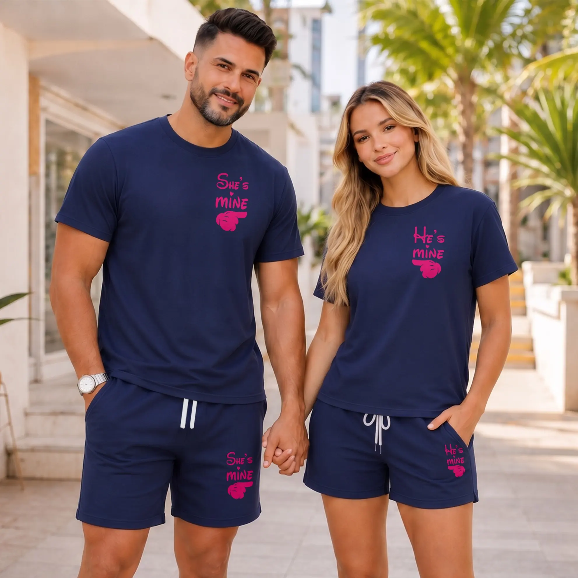 Matching Couple Graphic T-Shirt and Shorts Set, He’s Mine She’s Mine Print Summer Two Piece Outfit, Soft Casual Lounge Wear for Couples, Perfect for Vacation, Streetwear, Beach, and Daily Outfits
