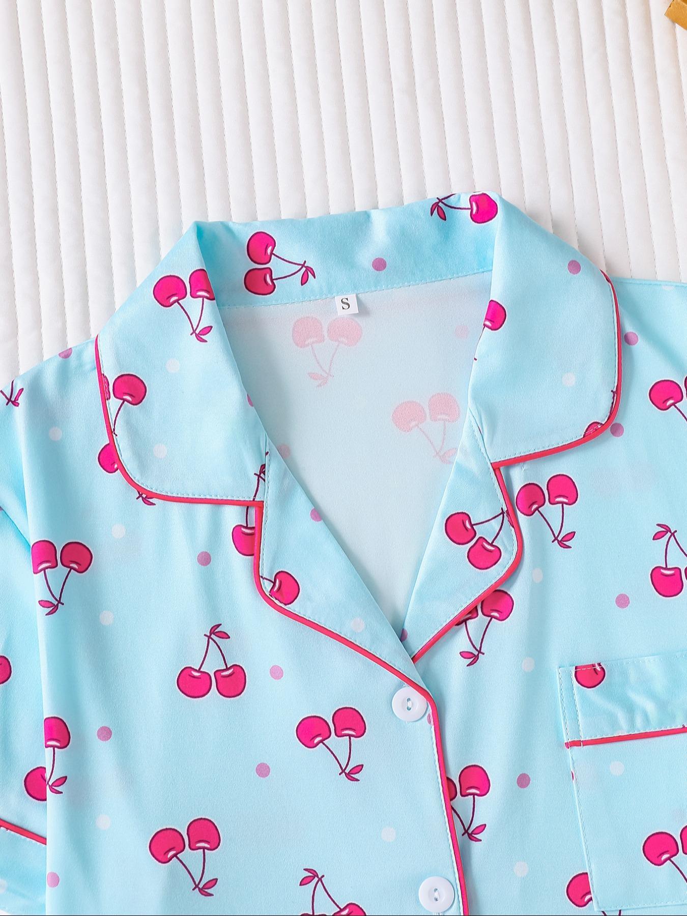 Two-piece Set Women's Cherry Print Top & Shorts Pyjama, Casual Comfy Short Sleeve Collared Top & Shorts Set, Ladies Sleepwear for Summer Pajama Set