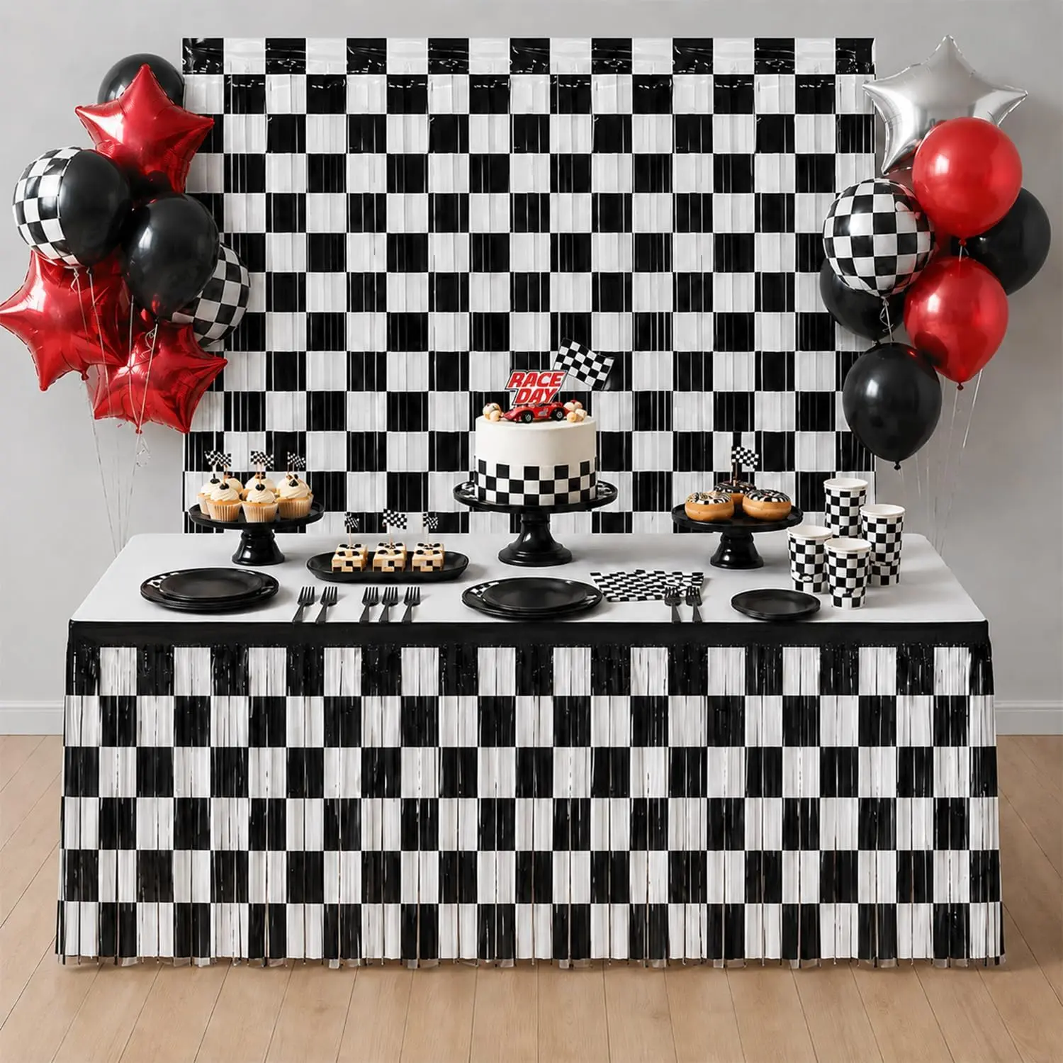 Race Car Birthday Party Decorations, 2 Pack Checkered Table Skirts and 2 Pack Foil Fringe Curtains Backdrop for Black White Racing Checkered Flag Birthday Party Supplies