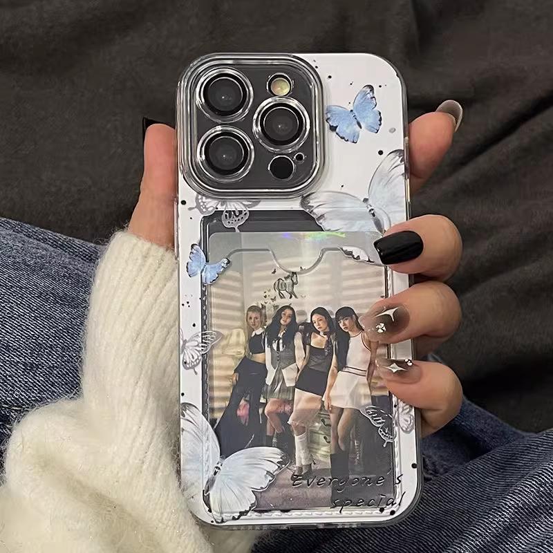This exquisite blue butterfly transparent card holder phone case is compatible with iPhone 17/16/15/14/13/12/11/PRO/PROMAX/PLUS models. It is made of TPU material and is shockproof and drop-proof.