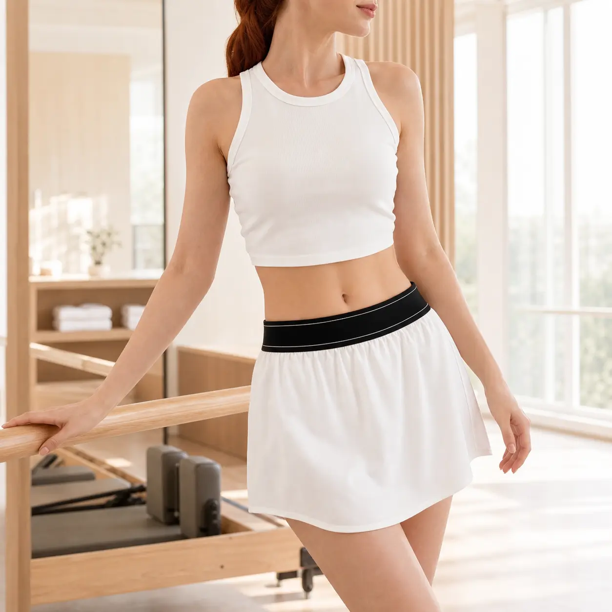 Women's Minimalist Sporty Chic Activewear Set Ribbed Knit Crop Top with Rounded Neckline Aline Skirt with Double White Stripe Elastic Waist for Fitness Tennis Pilates