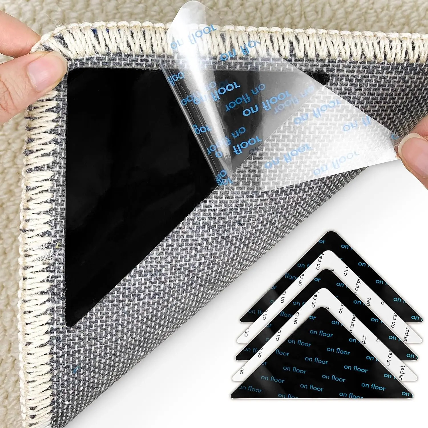 Black Double-Sided Adhesive Rug Tape - 12-Count Synthetic Peel-and-Stick Non-Slip Rug Grippers with Discreet Look for Hardwood/Tile Floors, Keeps Corners Flat, Double Sided Tape