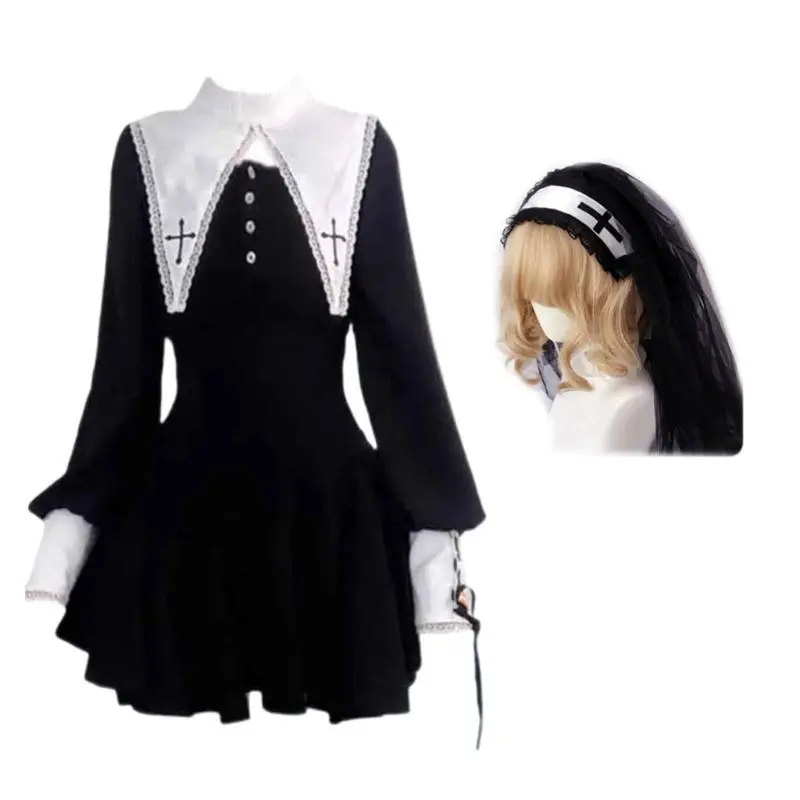 Y88A Gothic Horror Nun Costume Dress Long Sleeve Comfortable Fabric Gothic Outfit Accessories Religious Mystery Cosplay