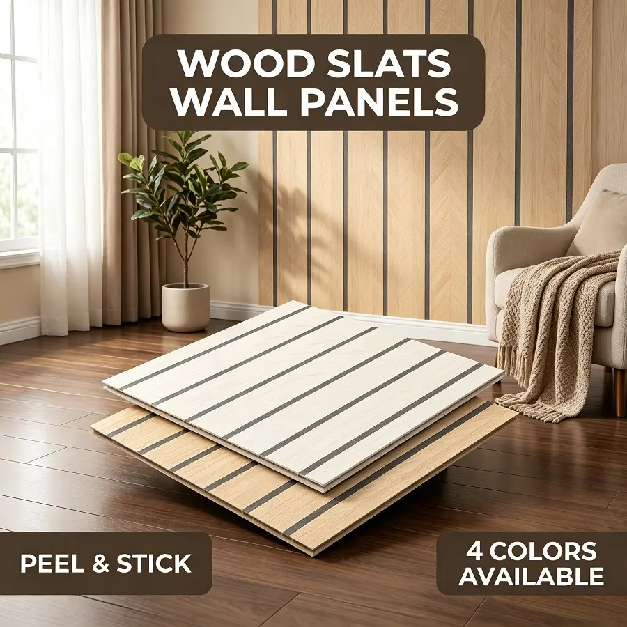 Self-Adhesive Wood Slats Wall Panels, Peel & Stick Herringbone Textured Wall Decor, Removable Accent Wall Panel, 4 Colors Available