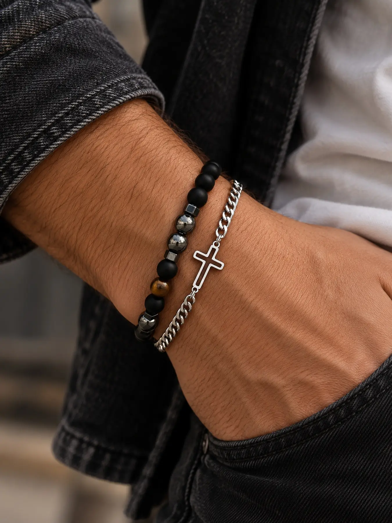 2PCS Men Cross Bracelet Set, Black Beaded Bracelet & Silver Cuban Link Chain, Cool Layered Jewelry, Meaningful Faith Gift for Boyfriend Husband, Beaded Cross Bracelets