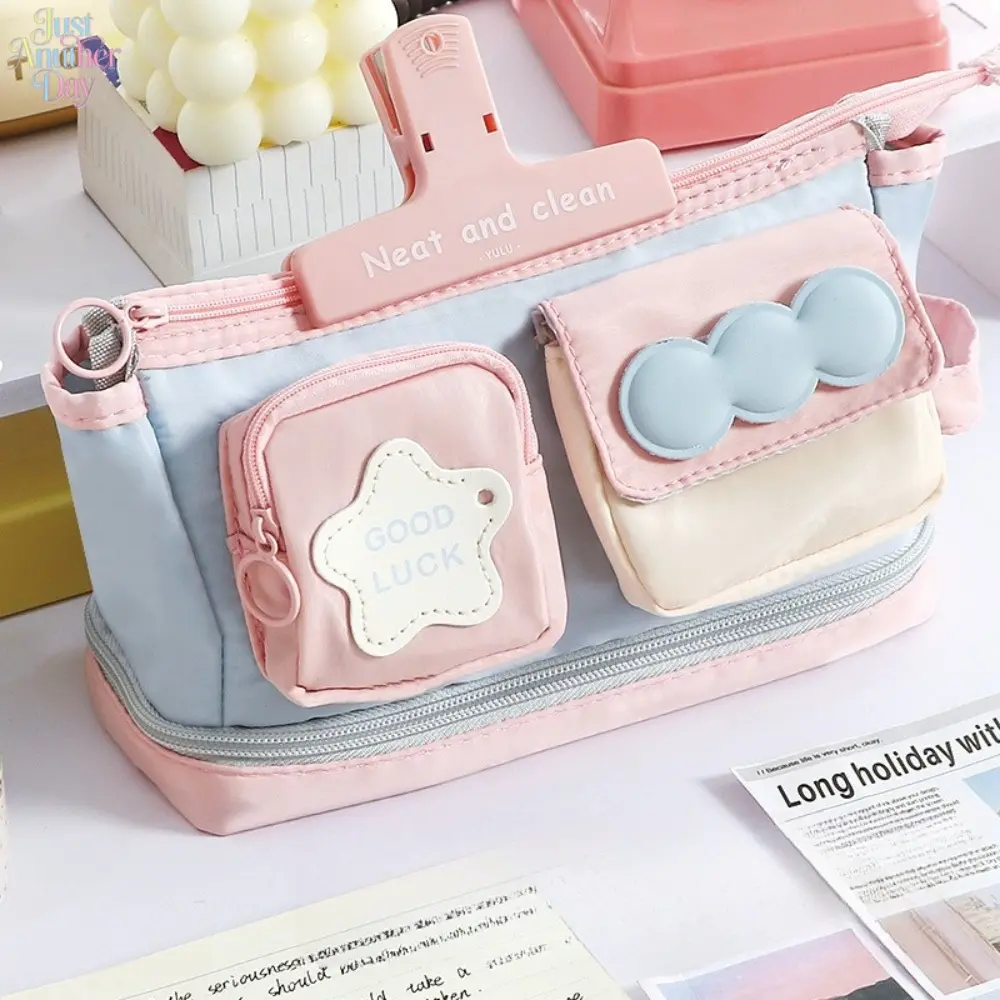 Dopamine Color Block Large Capacity Pen Bag Multi Pocket Kawaii Star Cloud Stationery Pouch With Clip Handle Waterproof Portable Pencil Case For Girls Student School Travel Cosmetic Storage