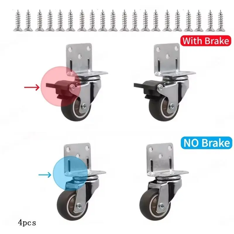 L-Type Swivel Casters Set of 4, Soft Rubber Silent Furniture Wheels, With/without Brakes, Single Wheel Load Capacity 20kg, Includes Installation Screws