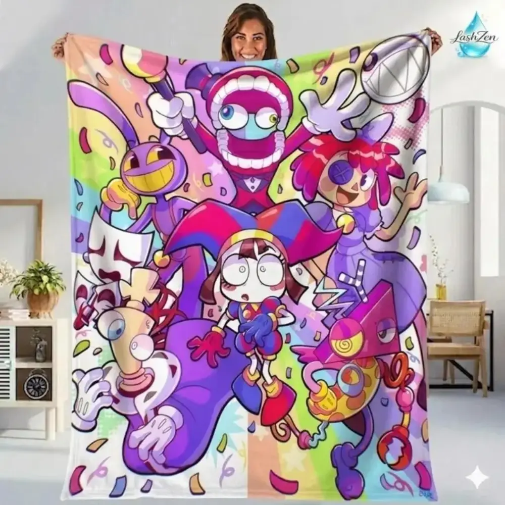 Vivid Digital Circus Pomni Flannel Blanket, Soft Warm Plush Throw with Bright Cartoon Graphics, Fade-Resistant, Machine-Washable, Portable Foldable All-Season Sofa Cover Kids Bedding, Christmas Birthday Gift for Children