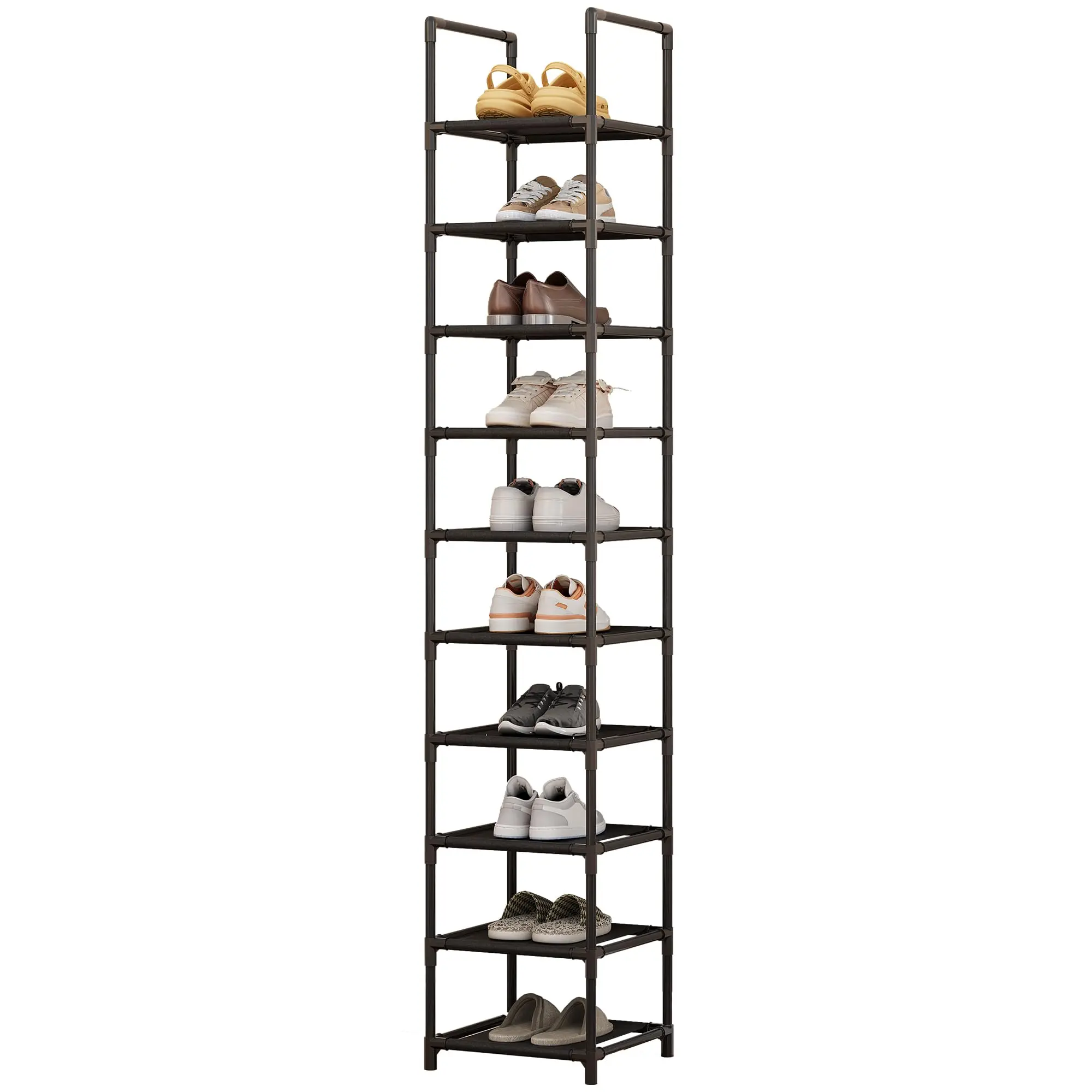 YJ-Garvee 10-Tier Metal Shoe Rack with Removable Fabric Shelves, Tall Space-Saving Corner Organizer for Closet, Entrance, and Living Room Storage