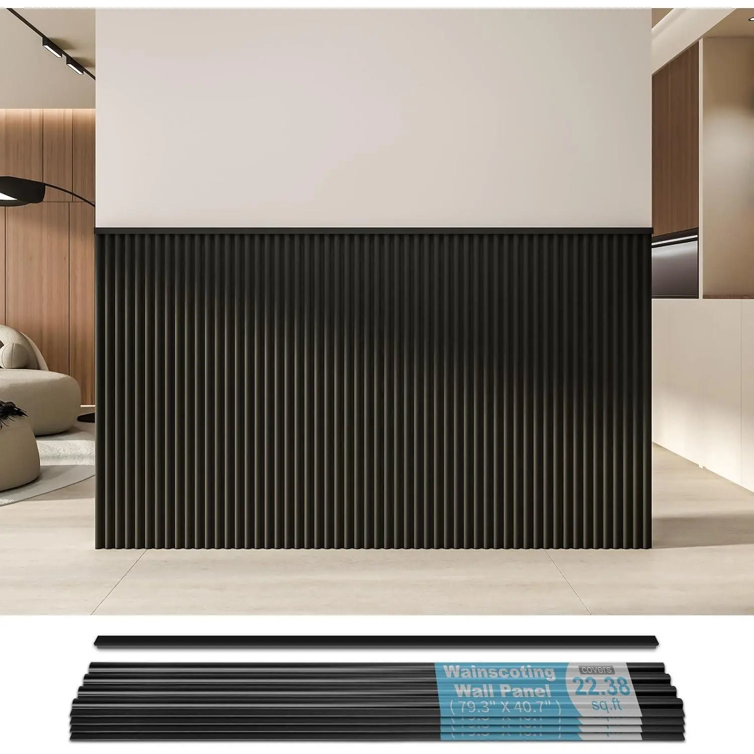 Wainscoting Panels, Beaded Polystyrene Wall Board for Interior Wall Decor, 79.3" Wide X 40.7 high, Covers 22.38 sq.ft, Black